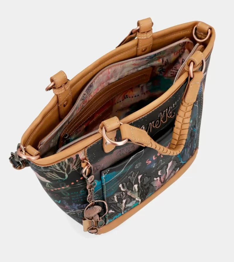 Anekke Tote & Shoppers | Shopper Ovalada Negra Con Bandolera Coral