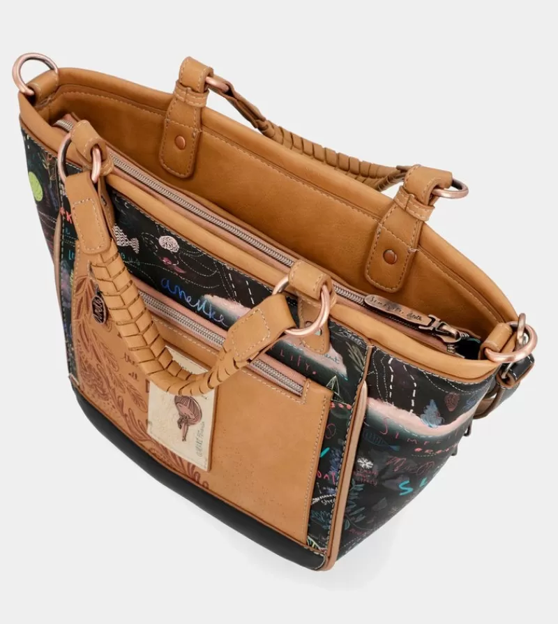 Anekke Tote & Shoppers | Shopper Ovalada Negra Con Bandolera Coral