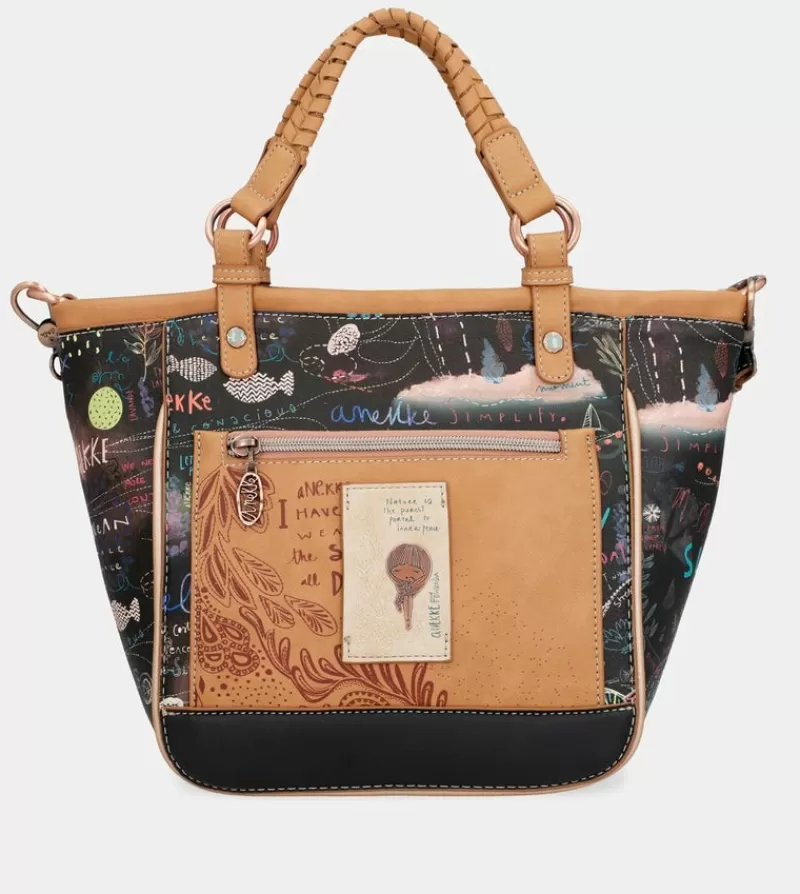 Anekke Tote & Shoppers | Shopper Ovalada Negra Con Bandolera Coral